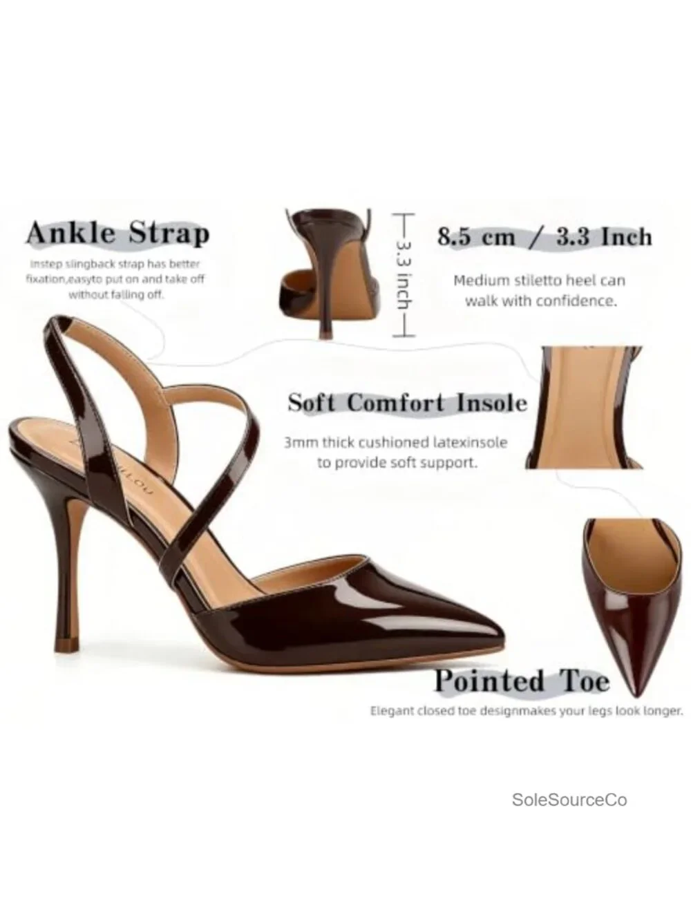 Faux Leather Closed Toe Slingback Stiletto Heels 3.3 Inch Ankle Strap Pumps